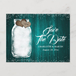 Cartão Postal De Anúncio Teal Mason Jar Rustic Wood Casamento Salve A Data