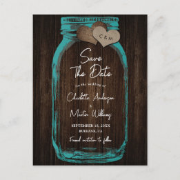 Cartão Postal De Anúncio Teal Mason Jar Wood Wedding Save The Date