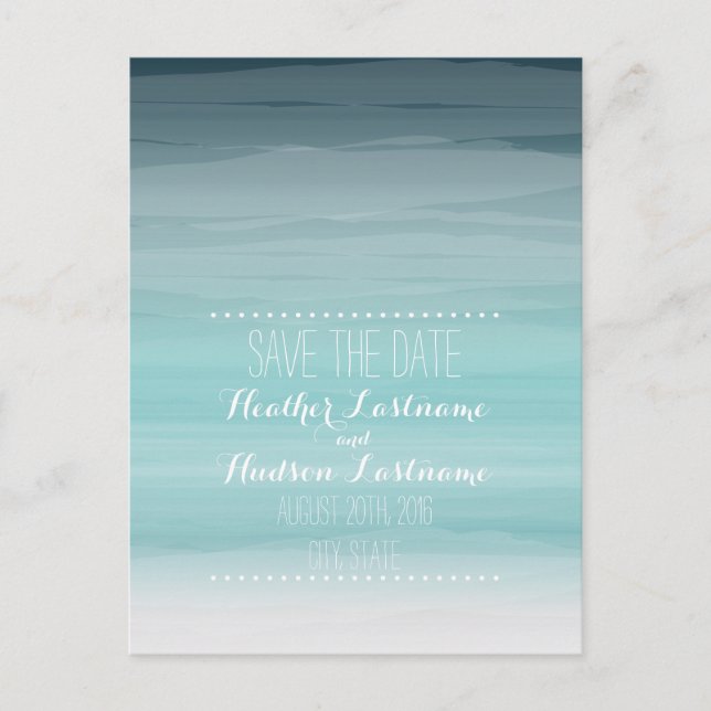 Cartão Postal De Anúncio Teal Ombré Beach Wedding A Data (Frente)