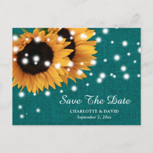 Cartão Postal De Anúncio Teal Sunflower Weding Save The Date Postcard