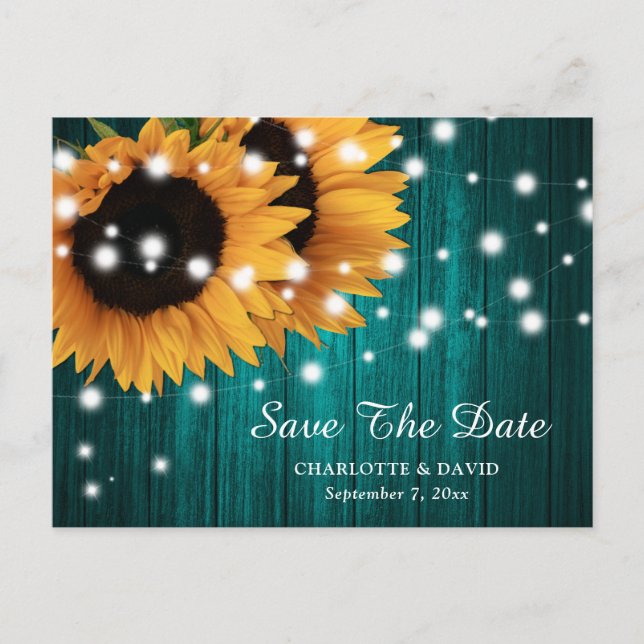 Cartão Postal De Anúncio Teal Sunflower Weding Save The Date Postcard (Frente)