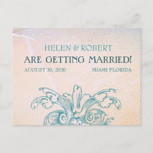 Cartão Postal De Anúncio Teal Vintage Sea Shell Scroll Beach Salvar a Data