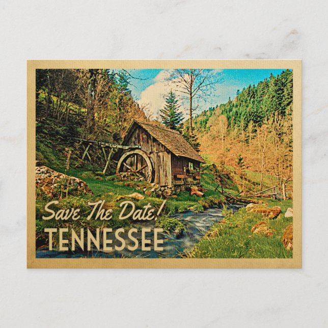 Cartão Postal De Anúncio Tennessee Salve a Data Cabana Rústica Mill Woods (Frente)