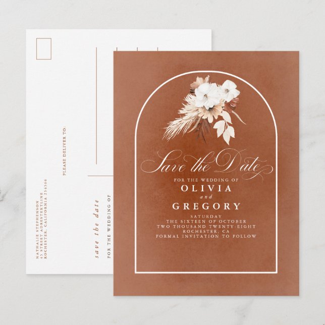 Cartão Postal De Anúncio Terracotta e Flores Brancas salvam a data (Frente/Verso)