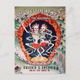 Cartão Postal De Anúncio Tibetano Skeletons Dançando Salve a Data Cartão-Po