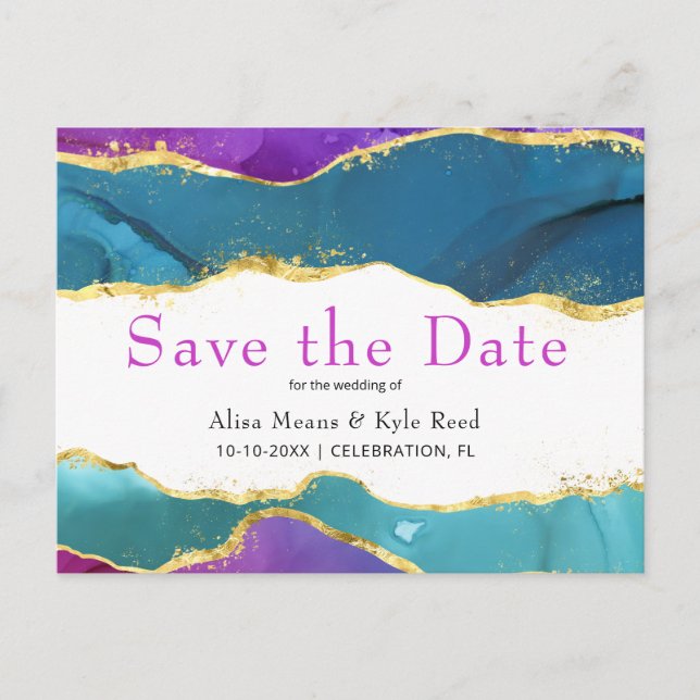 Cartão Postal De Anúncio Tinta de Aquarela Abstrata Rosa Fúcsia Teal Dourad (Frente)