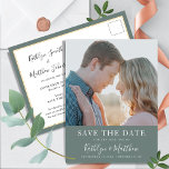 Cartão Postal De Anúncio Típica Moderna Sage Green Simple Photo Casamento<br><div class="desc">Sage Green Modern Typografia Simples Foto Casamento Salva O Cartão-Postal De Anúncio De Data. Avise sua família, amigos e colegas que você marcou uma data para sua celebração de casamento com este casamento elegante, na moda e moderno, salve o cartão de convite. Todos os textos estão pré-organizados para que você...</div>