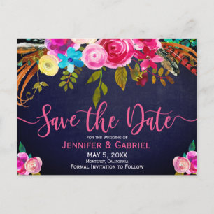 Cartão Postal De Anúncio Tipografia Floral Rosa em Azul Salve a Data