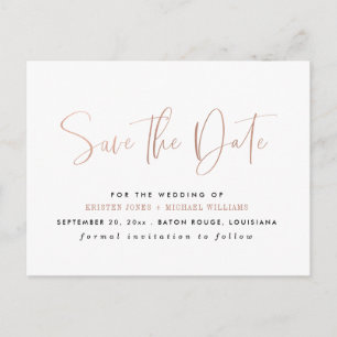 Cartão Postal De Anúncio Tipografia Moderna em Rose Gold Save the Date