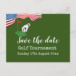 Cartão Postal De Anúncio Torneio de golfe Salve a data com a bandeira dos E