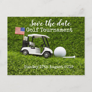 Cartão Postal De Anúncio Torneio de golfe Salve a data de golfe com a bande