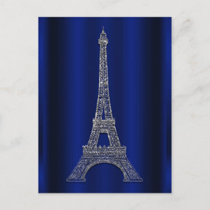 Cartão Postal De Anúncio Torre Eiffel Azul Royal Prata Paris Salve a Data