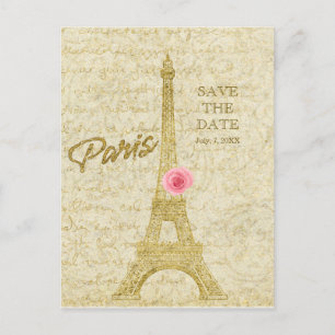 Cartão Postal De Anúncio Torre Eiffel Paris Dourado & Rosa SAVE THE DATE