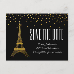 Cartão Postal De Anúncio Torre Eiffel Paris Preto Dourado Salve A Data