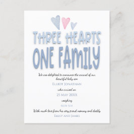 Cartão Postal De Anúncio Três Corações Uma Família Bebê Menino Azul Nascime