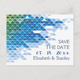 Cartão Postal De Anúncio Triângulos geométricos azuis que wedding economi