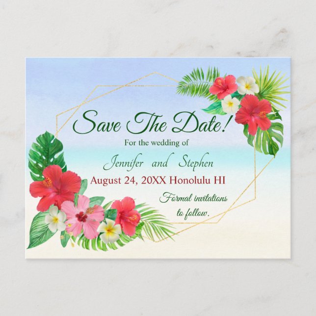 Cartão Postal De Anúncio Tropical Floral Salve a Data Casamento (Frente)