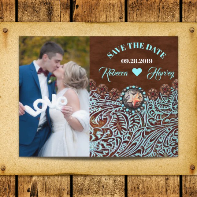 Cartão Postal De Anúncio turquesa marrom casamento ocidental salve a data (turquoise brown western wedding save the date announcement postcard)