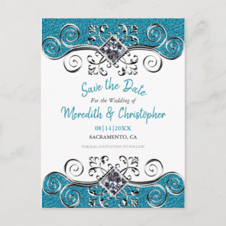 Cartão Postal De Anúncio Turquoise Glitter Bling Weding Date