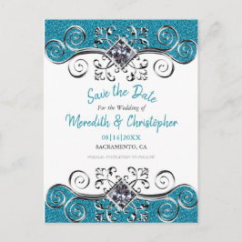 Cartão Postal De Anúncio Turquoise Glitter Bling Weding Date