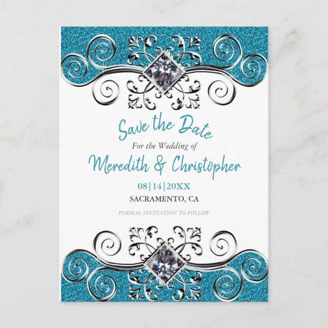 Cartão Postal De Anúncio Turquoise Glitter Bling Weding Date (Frente)