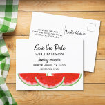 Cartão Postal De Anúncio União da Família Watermelon Salvar a Data<br><div class="desc">Avise a sua família sobre a data da Reunião Familiar com este verão, salve o cartão postal. Apresenta uma melancia de cor vermelha. Facilmente personalizável com seu nome e detalhes. Porque nós criamos a nossa trabalho de arte, você não encontrará esta imagem exata de outros designers. Original Watercolor © Michele...</div>