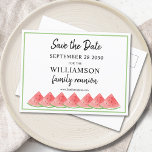 Cartão Postal De Anúncio União da Família Watermelon Salvar a Data<br><div class="desc">Esta Reunião Familiar Salvar O cartão postal Data é decorado com melancias de aquarela. Facilmente personalizável. Use a Ferramenta Design para alterar o tamanho, o estilo ou a cor do texto. Porque nós criamos a nossa trabalho de arte, você não encontrará esta imagem exata de outros designers. Original Watercolor ©...</div>