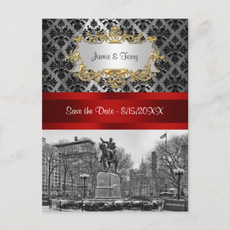 Cartão Postal De Anúncio Union Square NYC Preto Damask 211 Salve a Data