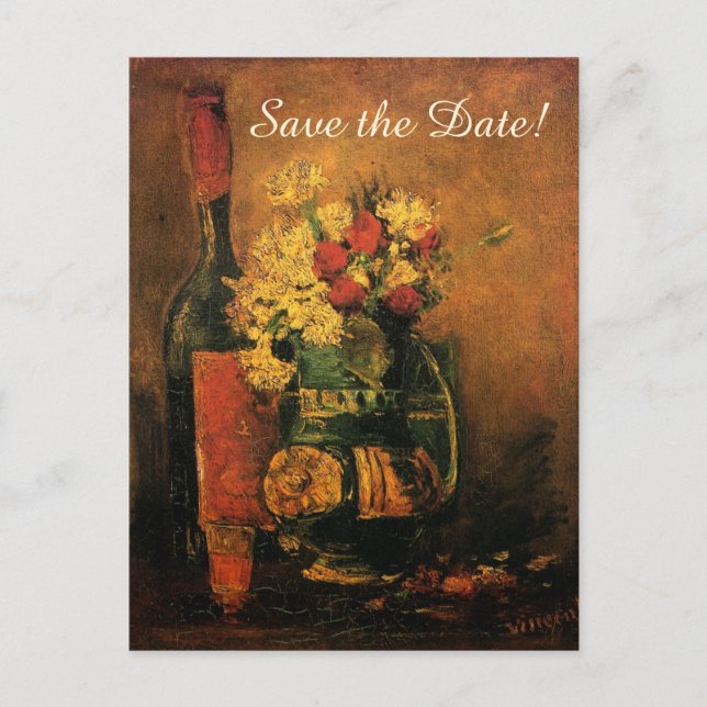 Cartão Postal De Anúncio Van Gogh Salve a Data com Flores e Vinho! (Frente)