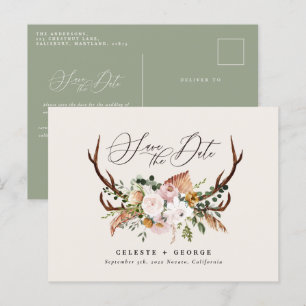 Cartão Postal De Anúncio Veado botânico rústico casamento verde salvia eleg