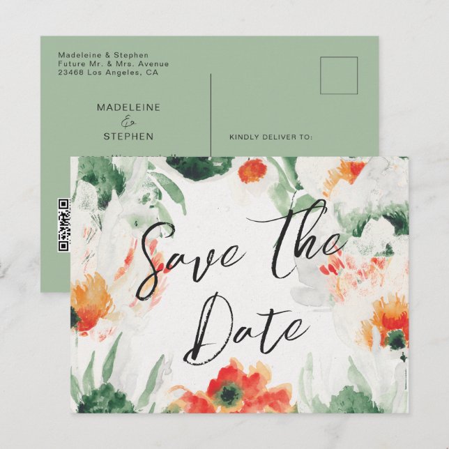 Cartão Postal De Anúncio Verde e laranja Flores Selvagens Código QR Salvar  (Frente/Verso)