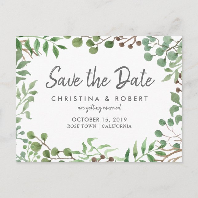 Cartão Postal De Anúncio Verdura Botânica | Folha | Salve A Data (Frente)