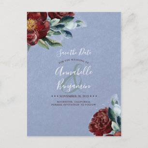 Cartão Postal De Anúncio Vermelho Borgonha e Floral Azul Poeirento Salve a 