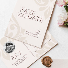 Cartão Postal De Anúncio Vermelho Mogno Marfim Foto Casamento Salve a Data 