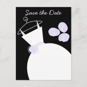 Cartão Postal De Anúncio Vestido de Noiva Roxo Save the Date preto pastel