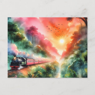 Cartão Postal De Anúncio Viagem de Trem Pôr do Sol Tropical em Aquarela