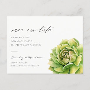 CARTÃO POSTAL DE ANÚNCIO VIBRANT GREEN WATERCOLOR SUCCULENT SALVE A DATA