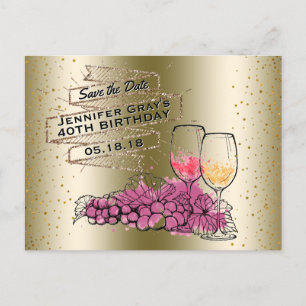 Cartão Postal De Anúncio Vinho Glam Gold Save the Date Aniversário Elegante