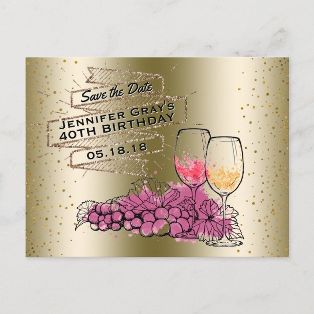 Cartão Postal De Anúncio Vinho Glam Gold Save the Date Aniversário Elegante (Frente)
