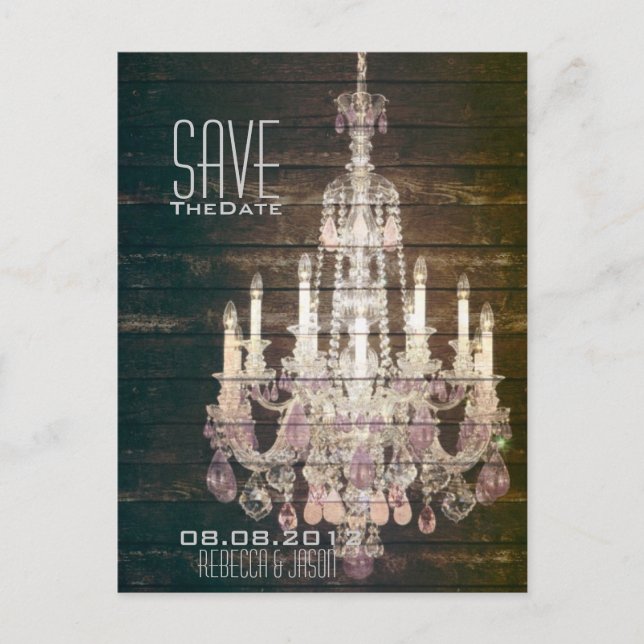 Cartão Postal De Anúncio Vintage Barn Wood Chandelier Weding Save the date (Frente)