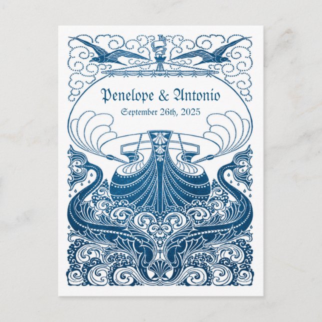 Cartão Postal De Anúncio Vintage Blue Foil Casamento Salva a Data (Frente)