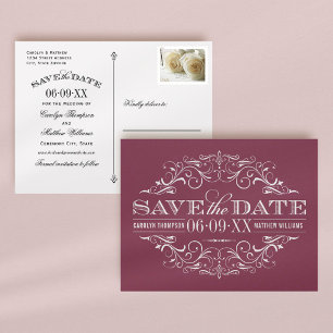 Cartão Postal De Anúncio Vintage Burgundy Flourish Casamento Salve a Data