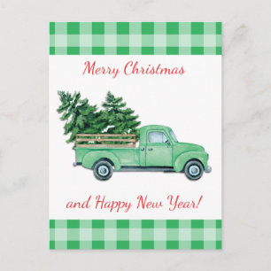 Cartão Postal De Anúncio Vintage Green Truck e verifica árvores de Natal