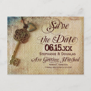 Cartão Postal De Anúncio Vintage Heart Key Burlap Save the Date Postcards