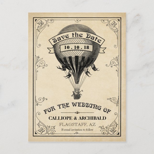 Cartão Postal De Anúncio Vintage Hot Air Balloon Casamento Salve a Data (Frente)