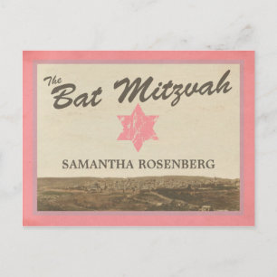 Cartão Postal De Anúncio Vintage Jerusalem Bat Mitzvah Salva A Data Rosa