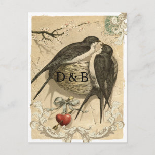 Cartão Postal De Anúncio Vintage Love Birds Nest French Decor Salvar Data