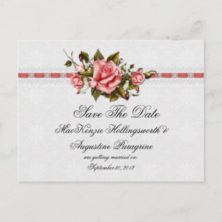 Cartão Postal De Anúncio Vintage Pink Roses e Damask Impressão Salve a Data