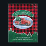 Cartão Postal De Anúncio Vintage Red Truck Feriado de Natal em Movimento<br><div class="desc">Envie um cartões de natal rústico nesta temporada para anunciar a família e amigos que você se mudou. Esta design apresenta um caminhão de coleta vermelho vintage, carregando uma árvore de Natal no fundo de uma cena de inverno de neve e gelo em um fundo de xadrez de búfalo. Há...</div>