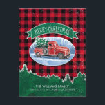 Cartão Postal De Anúncio Vintage Red Truck Feriado de Natal em Movimento<br><div class="desc">Envie um cartões de natal rústico nesta temporada para anunciar a família e amigos que você se mudou. Esta design apresenta um caminhão de coleta vermelho vintage, carregando uma árvore de Natal no fundo de uma cena de inverno de neve e gelo em um fundo de xadrez de búfalo. Há...</div>